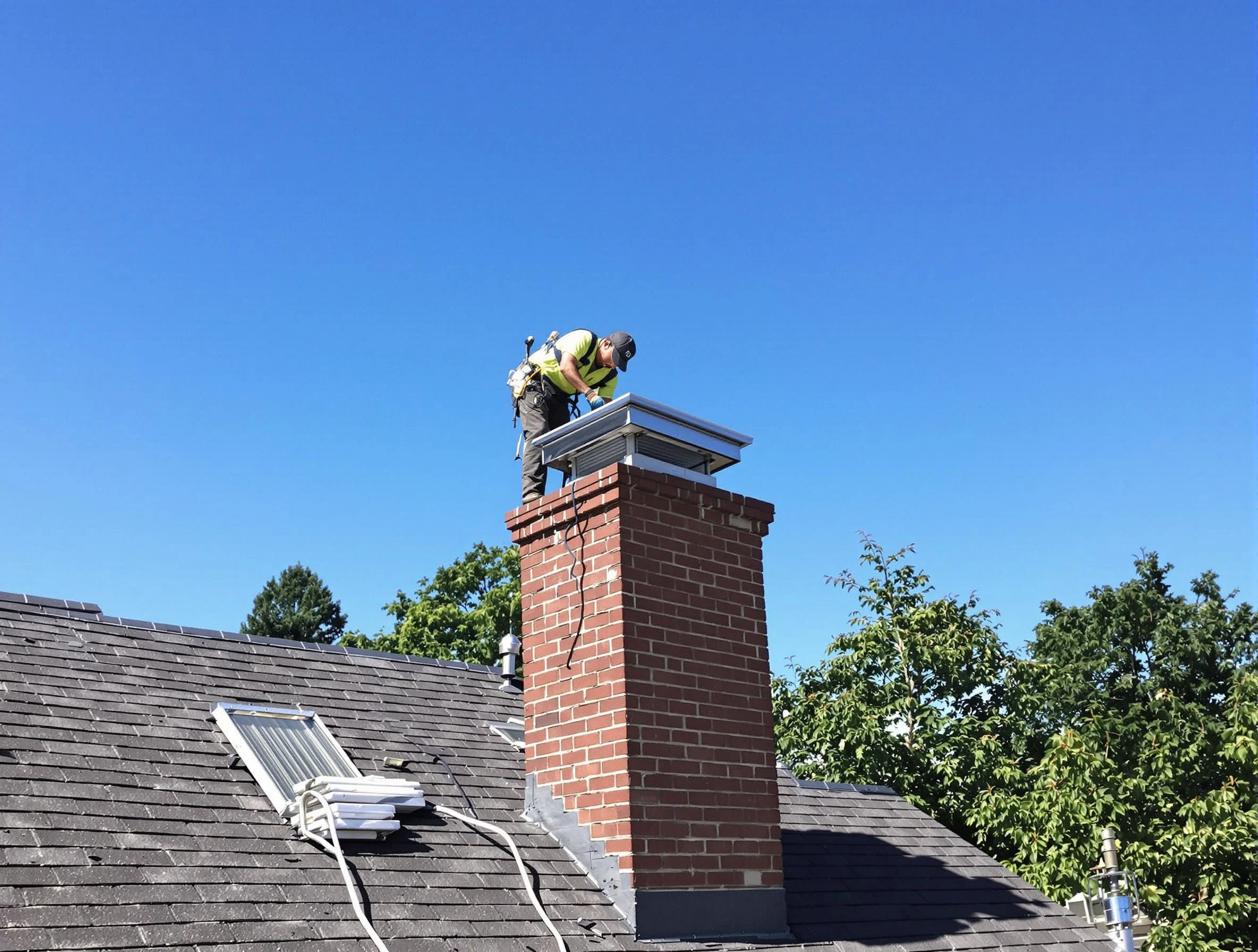 Wheat Ridge Chimney Sweep technician measuring a chimney cap in Wheat Ridge, CO